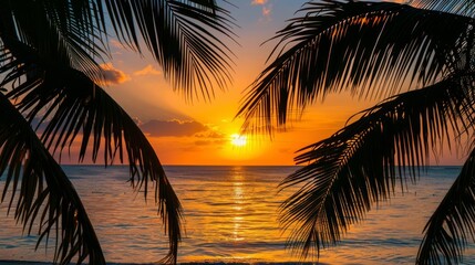 A stunning tropical sunset over serene ocean waters framed by silhouetted palm trees, capturing the essence of paradise and tranquility.