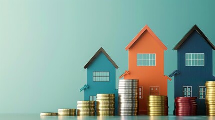 Colorful house models with stacked coins representing real estate investment and financial growth against a gradient background.
