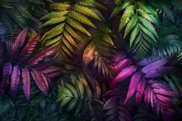A close up of a variety of colorful leaves set against a dark backdrop