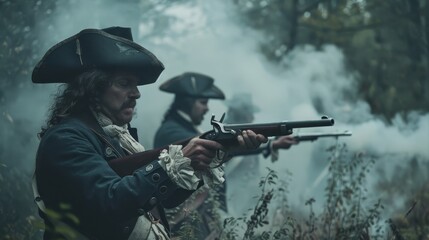 Two colonial soldiers fire muskets in the midst of a smoky battle in the woods Independence day of America