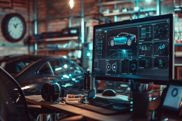 High-Tech Garage Diagnostic Setup with Real-Time Car Data on Computer Screen