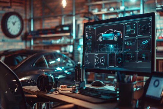 High-Tech Garage Diagnostic Setup with Real-Time Car Data on Computer Screen