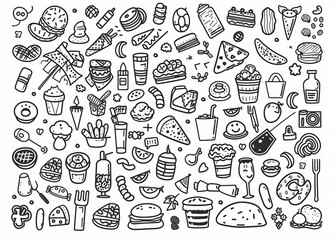 Icon doodles of movie, hospital, summer, food, science, construction, bubble, banking, heart, data, tree, banner, hipster, sport, logistic eps10