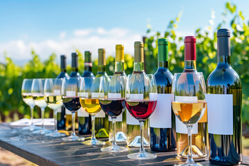 Pink, white and red wine bottled with blank mock-up labels for wine tasting with a summer green backdrop