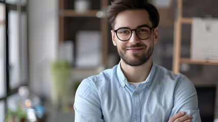 Fototapeta premium Confident happy young male manager in eyeglasses
