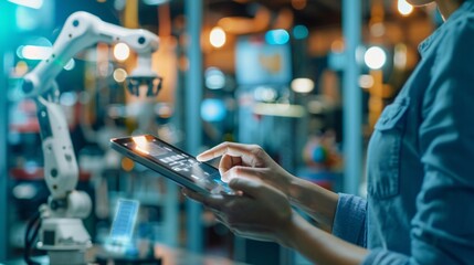 A business manager using a tablet with a responsive chatbot application during a field visit to a tech startup office with industrial-chic design elements and real-time business insights displayed on