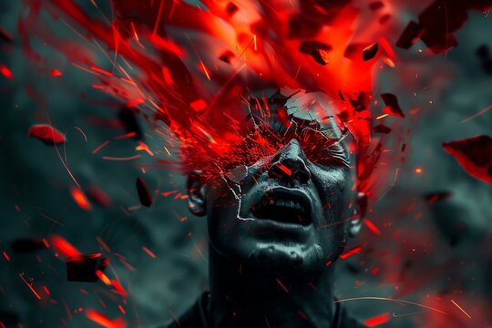 A person's head exploding with red energy, with shattered pieces flying in all directions