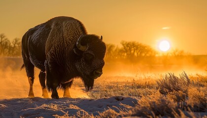 Golden Winter Morning: Bison in a Snowy Field with Fiery Backdrop