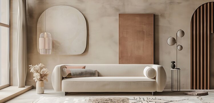 sleek interior deign with abstract cession set in pink color on the sofa wit hone sofa type new chair on the front of the isolated blue color 