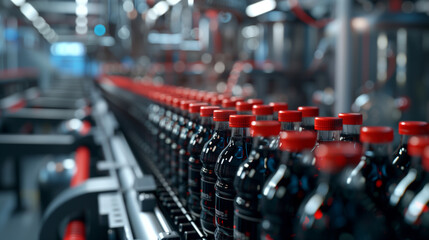 Fototapeta premium Close-Up of Soda Bottles on Production Line in Beverage Factory