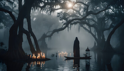 Voodoo priestess summons ancient powers in misty bayou