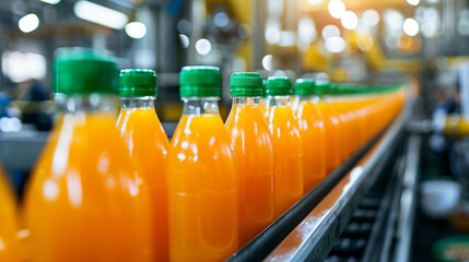 Bottles of Orange Juice on Conveyor Belt in Beverage Production Facility