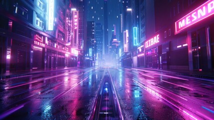 Fototapeta premium Futuristic night city with empty streets in cyberpunk style. generative AI image