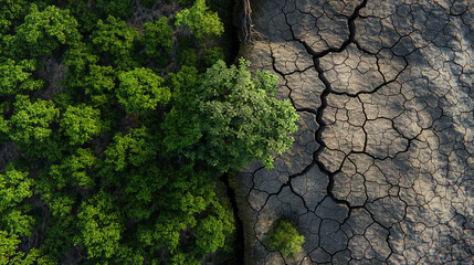 Climate changes & nature impact. Trees in a natural green ground and dry cracked ground on left side. Drought to green, global warming, weather transformation, ecology concepts.
