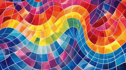 Obraz premium A vibrant, digital illustration featuring a colorful mosaic of squares arranged in a wave-like pattern. The mosaic shimmers with shades of red, orange, yellow, green, blue, indigo, and violet, creatin