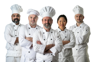 A group of chefs are posing for a photo, all wearing white uniforms and hats