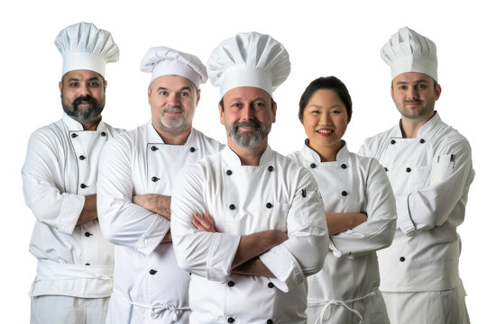 A group of chefs are posing for a photo, all wearing white uniforms and hats