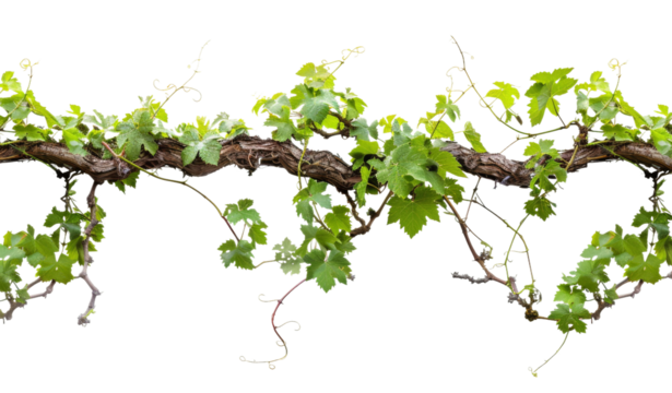 A vine is growing on a branch and is covered in green leaves