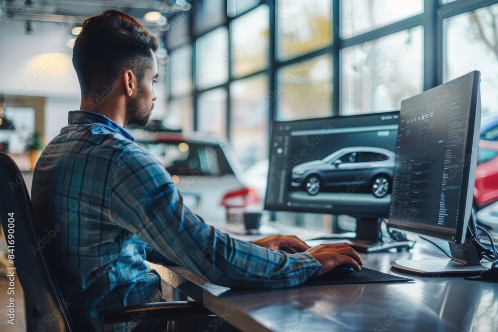 Aufkleber service advisor working on computer system in auto repair office with car in background
