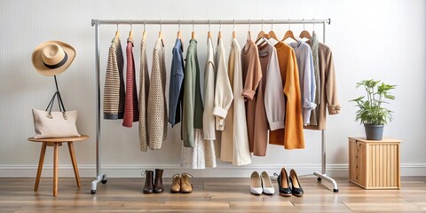 Stylish woman's wardrobe essentials hanging on a clothing rack, fashion, clothing, wardrobe, essentials, stylish, woman, trends, outfit, rack, closet, hangers, clothing items, trendy