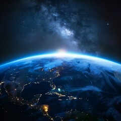 Fototapeta premium A breathtaking wide-angle view of Earth from space, showcasing the eastern coast of North America bathed in the glow of city lights against a backdrop of the Milky Way.