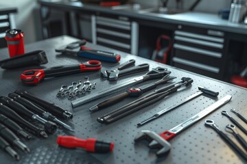 Fototapeta premium High-Quality Car Maintenance Tools Arranged on a Metal Workbench in a Clean, Organized Garage