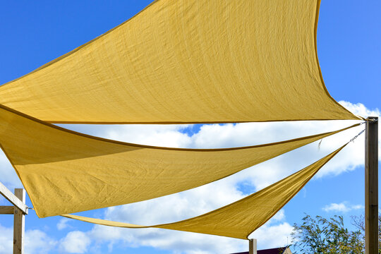 Multiple large summer nylon patio sun shade umbrellas, sunny yellow color with wooden supports. The sun is shining through the umbrellas. The background is a bright blue sky, trees, and a building.
