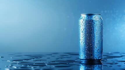 Cold Soda Can with Condensation on Reflective Surface - Modern Beverage Banner Design