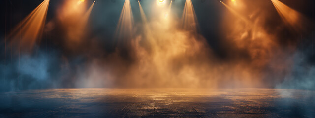 Empty stage with spotlights and smoke. 