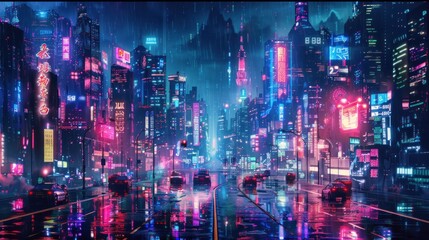 Obraz premium Futuristic cyberpunk city at night with glowing neon lights. generative AI image