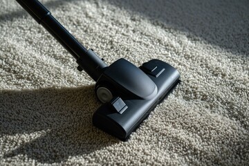 Closeup of a vacuum cleaner head on a textured carpet, with sunlight casting shadows