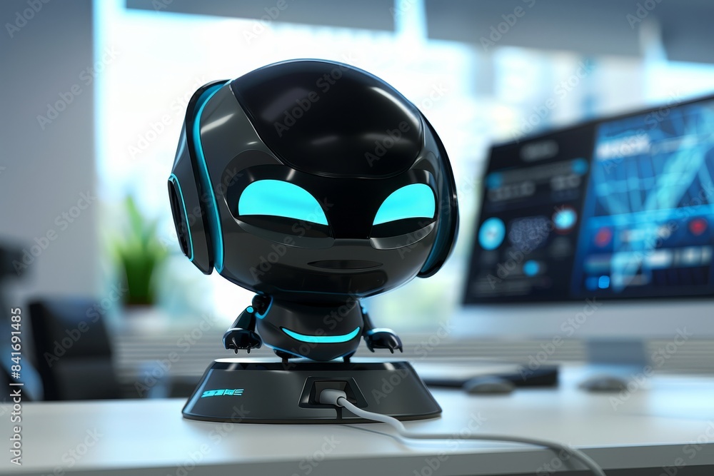 Poster cheerful customer service robot at work on computer in blurred office setting with space for text