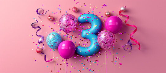 Colorful 3rd Birthday Celebration Background.  A vibrant and playful background with pink and blue balloons, confetti, and a large number 3 balloon, perfect for a child's third birthday party theme