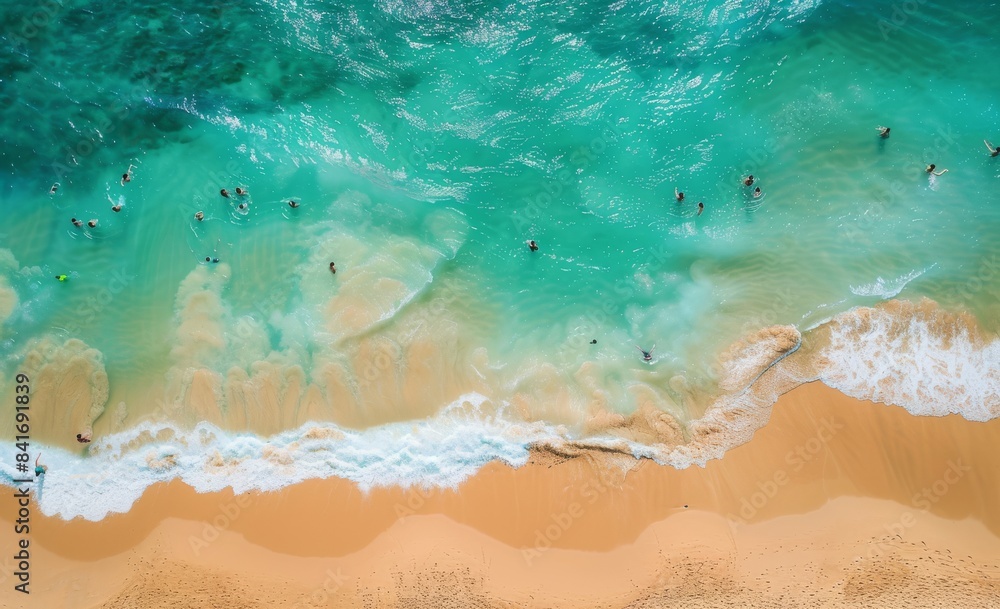 Wall mural summer beach and blue ocean with sky from an aerial view.