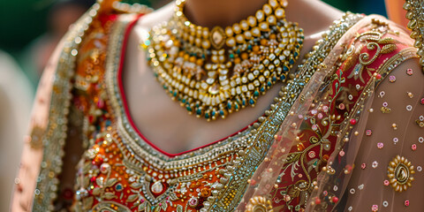 Obraz premium Hand Beaded Embroidery ,Chest of indian pakistani bride wear inlaid festive dress and massive golden necklace close up during henna mehndi sangeet ladies party night, Heritage, Opulence, Ensemble, 