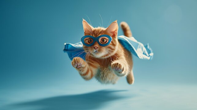 Flying superhero cat  orange tabby kitten in cape and mask on pastel background, super cat concept