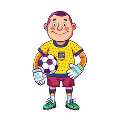 A soccer fan, wearing a jersey, gloves on 2 hands, soccer shoes on feet, cartoon-style vector illustration.