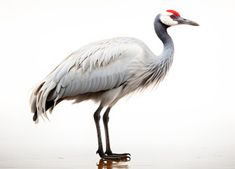 Obraz premium Crane bird full length walking on white background. Realistic animal bird clipart template pattern. Black and white Crane is tall, long-legged, long-necked bird.