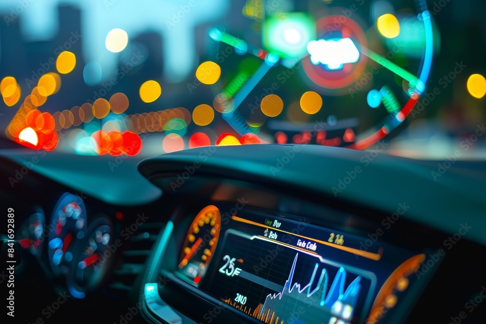 Aufkleber digital diagnostic tool displaying vehicle metrics on car dashboard at night