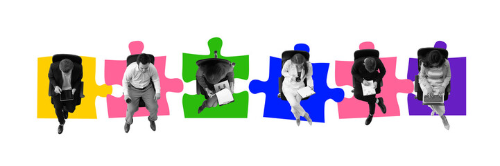 Businesspeople sitting on colorful puzzle and working, symbolizing brainstorming session and...