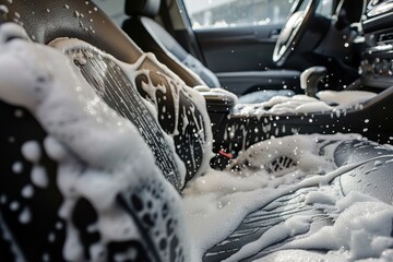 Car Interior Cleaning Process with Shampoo and Foam on Upholstery - Detailing and Maintenance