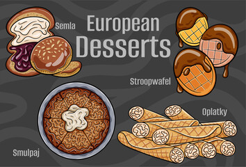 Popular desserts and sweets of European cuisines. Hand-drawn vector illustration