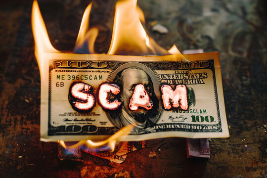 Burning money, showcasing investment scam.