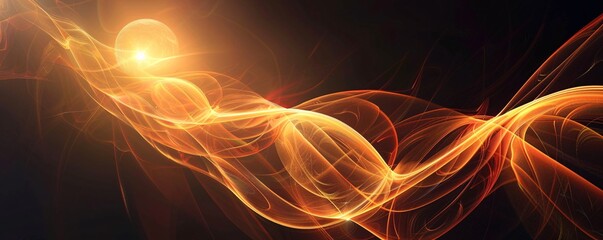 Abstract golden wavy shape emerging from a bright light source on a dark background