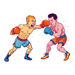 two boxers fight on a white background, one throws the other