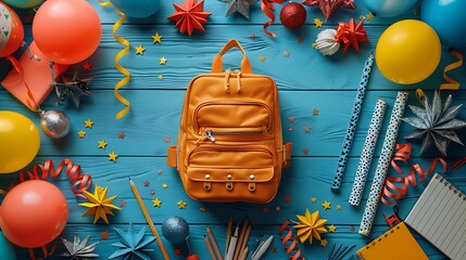 A top view of a festive-themed backpack with decorations like balloons, streamers, and school supplies, forming a circle around clear copy space in the center.