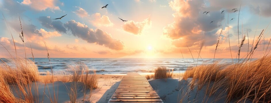 A stunning sunset on a beach of sand dunes in the North Sea, Germany