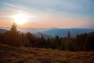 highland mountains mist panorama landscape autumn season time travel destination site view of...