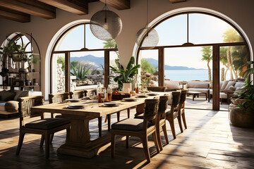 Obraz premium Bright spacious dining room with wooden big table and brown chair. Realistic interior decoration template pattern. Orange lanterns hang down and sunlight streams through clear glass windows view sea.
