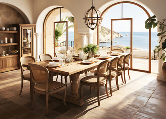 Fototapeta premium Bright spacious dining room with wooden big table and brown chair. Orange lanterns hang down and sunlight streams through clear glass windows view sea. Realistic interior decoration template pattern.